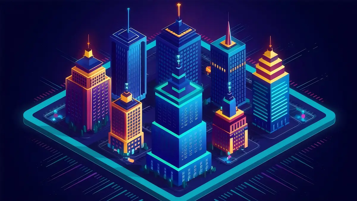 Illustration of isometric capital city buildings in neon colors ai
