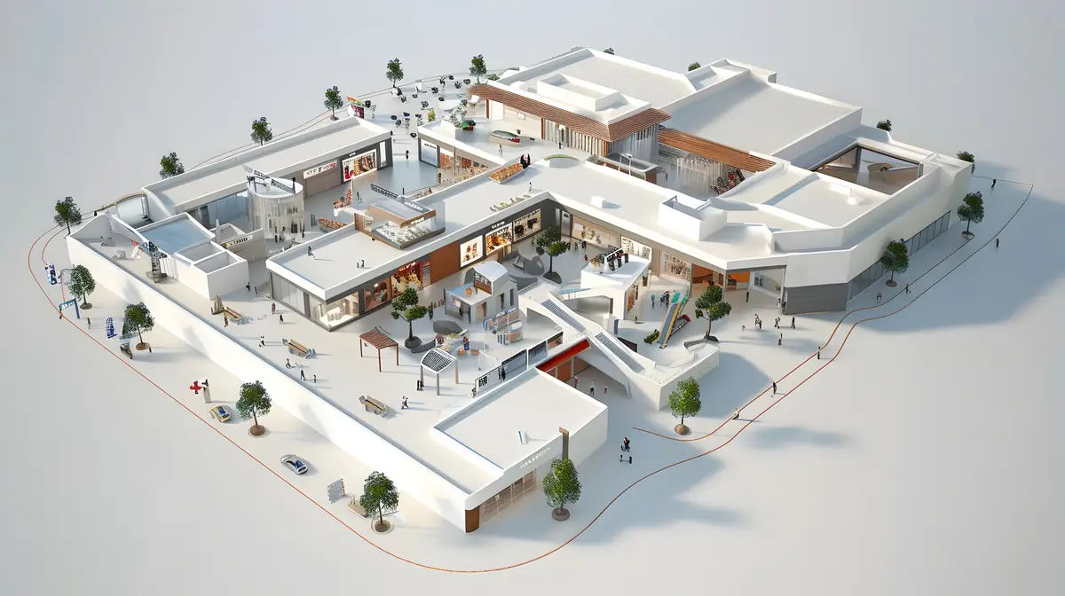 Detailed 3D Rendering of a Expansive Shopping Mall Complex with Highlighted Pathways and