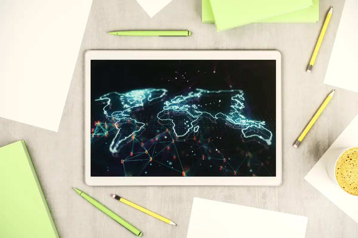 Abstract creative world map on modern digital tablet screen international trading concept Top view 3D Rendering