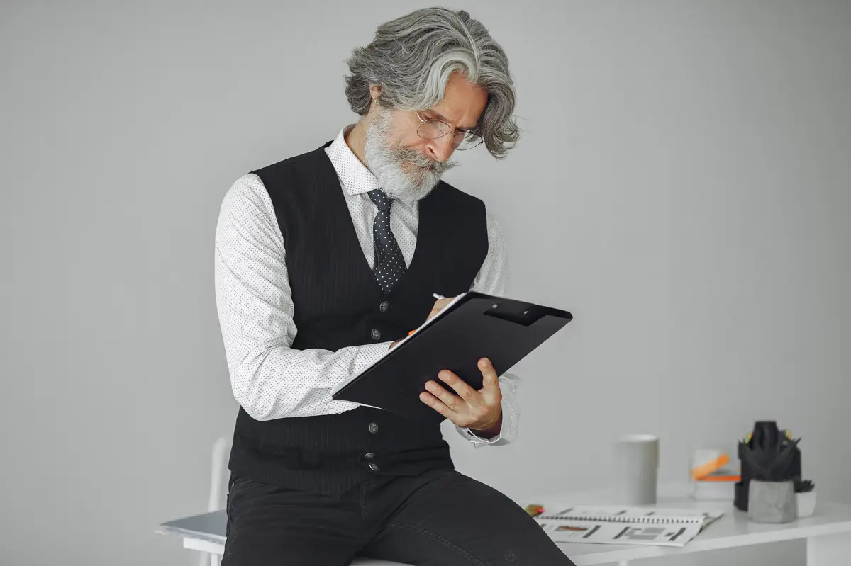 Elegant man in office. Businessman in white shirt. Man works with documents.